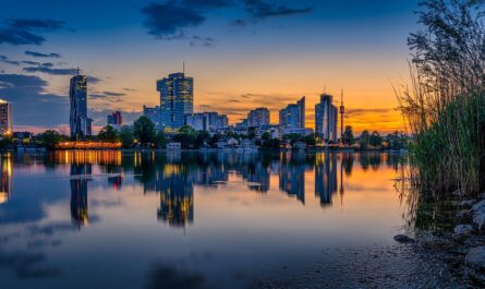 austria, nature, come, sunset, city, architecture, building, panorama, tourism, wien, the water, danube, europe